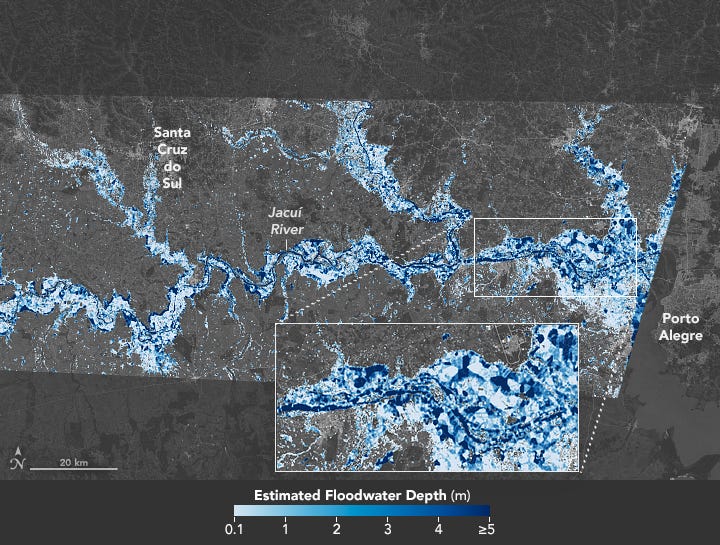 Map of estimated floodwater depth around Porto Alegre in Brazil on May 6, 2024. White and light blue colors indicate depth less than 1 meter and dark blue represents depth over 4 or 5 meters. There is flooding along the Jacuí River. There is also extensive dark blue from deep flood waters to the west of Porto Alegre.